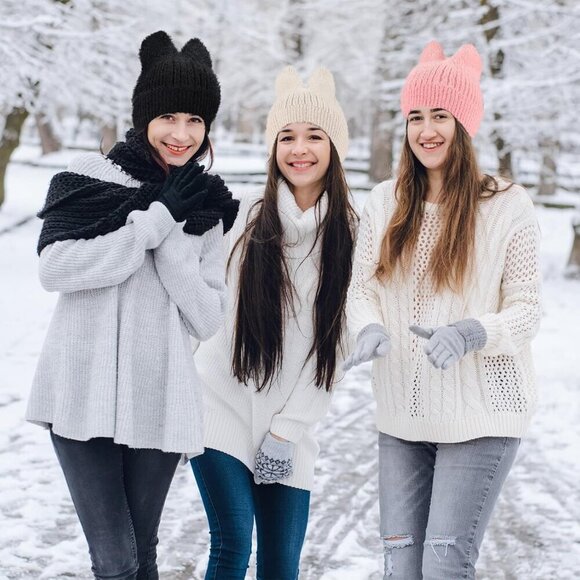 3 Pcs Winter Knit Cat Ear Beanie Hats Women Men Warm Casual Accessories main image 6